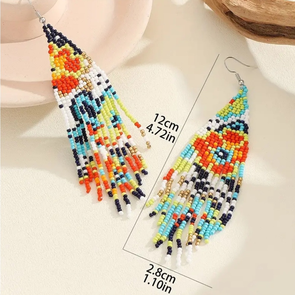 Colorful Floral Beaded Tassel Dangle Earrings - Picture 4 of 4